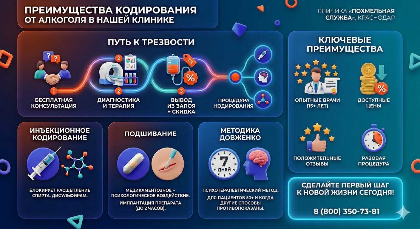 Инфографика о методах кодирования от алкоголя в Волжском: инъекции, подшивание, метод Довженко. Преимущества клиники и этапы лечения.