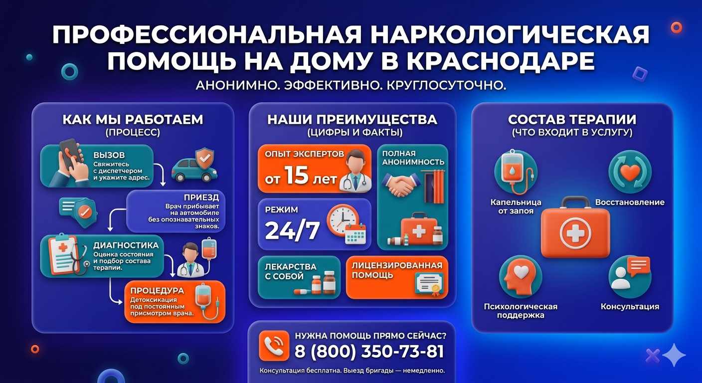 Инфографика о принципах лечения алкоголизма на дому в Волжском: этапы вызова нарколога, преимущества анонимной детоксикации и состав медицинской помощи.